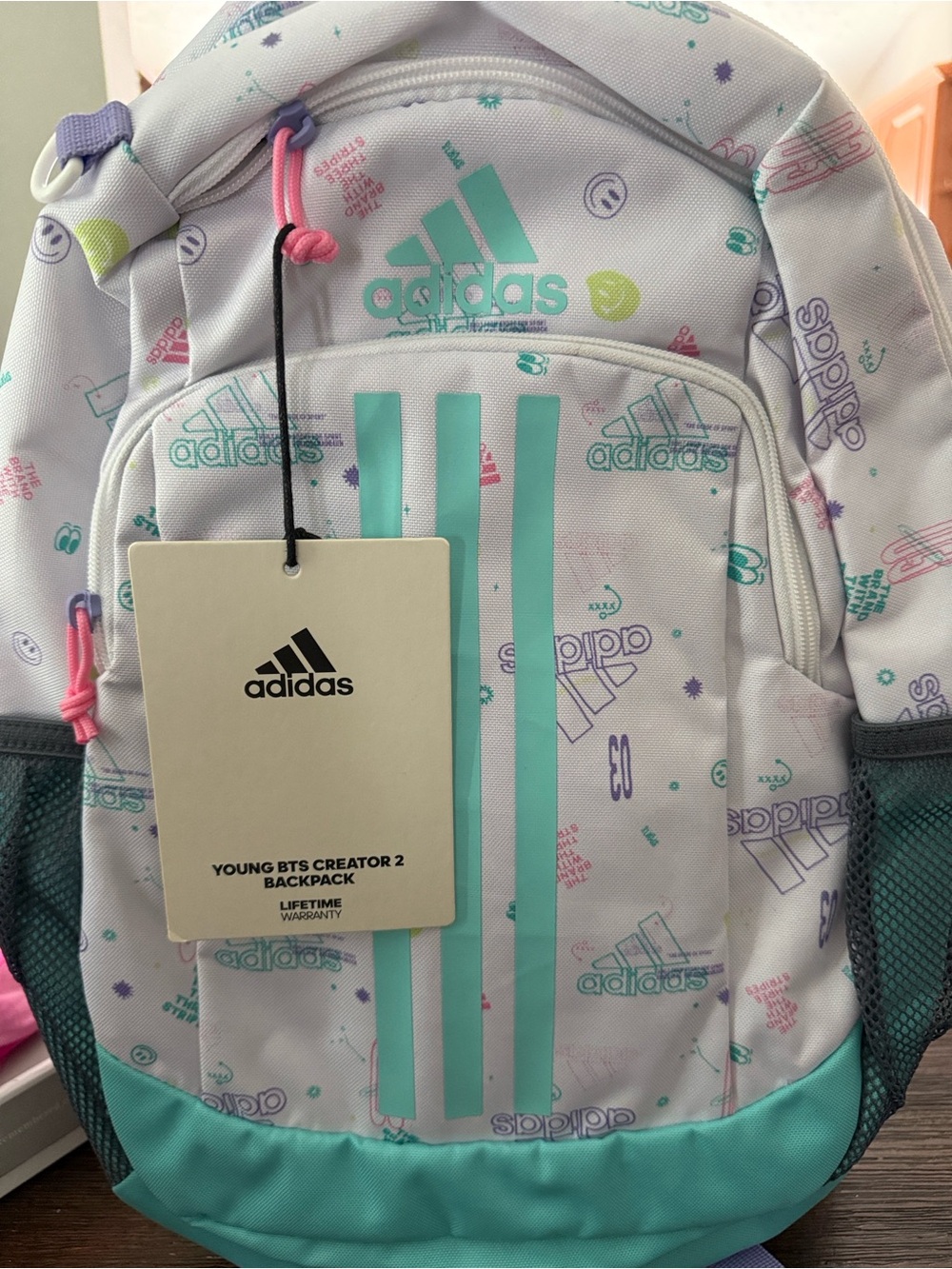 adidas Kids Mint, White & Purple Logo Backpack